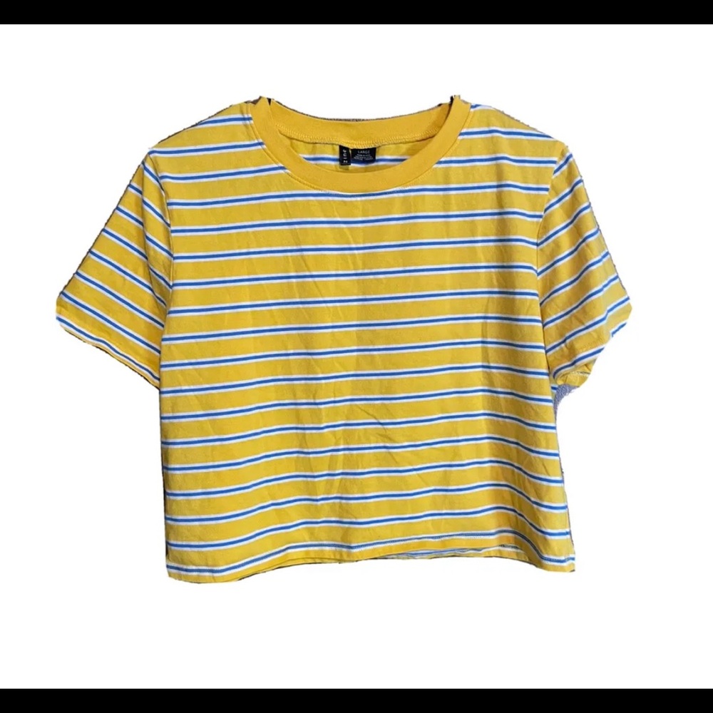 Zine Cropped Yellow TShirt with Blue/White stripes size large